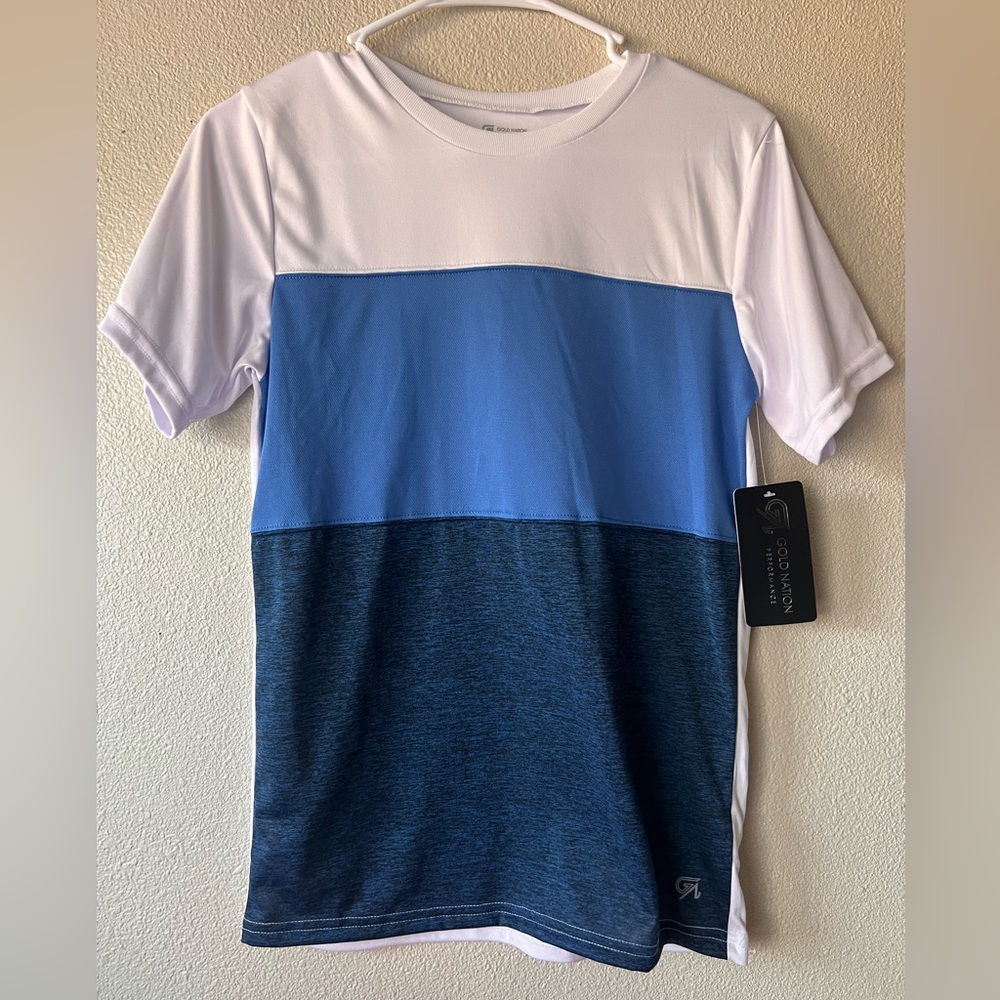 Gold Nation kids White and palace Blue  Tee size large 14/16 stretchy material